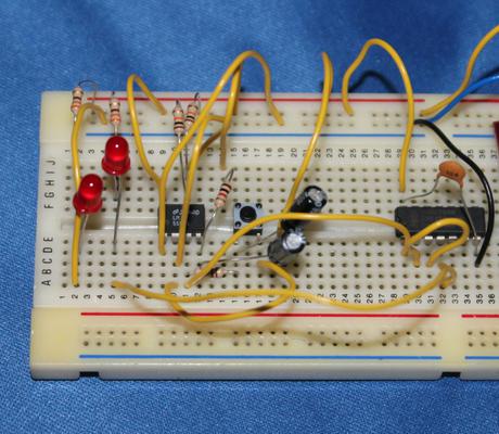 Basic 555 Toggle circuit built on breadboard.