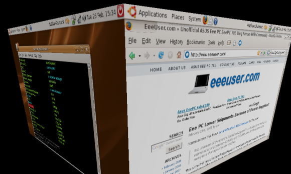 EeeCompiz: Compiz running on the EeePC with rotating cube desktop and all.
