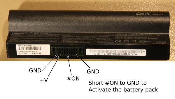 EEEPC Battery Pinout The important pins for discharge, the on pin just needs to be pulled low to turn the pack on, on some compatible packs I've found this isn't necessary.