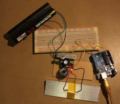 Charger Logging The regulator set up with a power resistor and Arduino to check the battery shuts off properly.