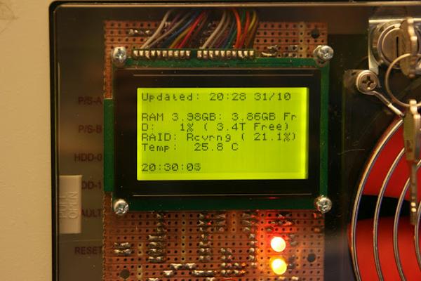 Photo of the screen mounted in the front panel of the server.