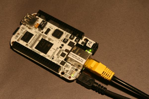 A photo of the BeagleBone board plugged in