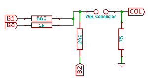 Diagram of a 3 resistor DAC, the resistor from the most significant bit has been moved to make it apparent that it is connected to ground as B2=0.