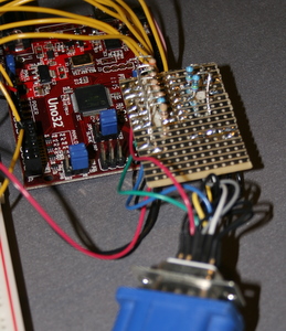 Photo of the DAC circuit DAC circuit for VGA generation built on a scrap of stripboard out of a collection of discrete resistors.
